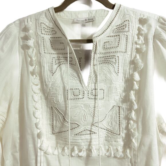 See and Be Seen Cotton Blouse White Size Large Silver Embroidery Poms NWT - Picture 4 of 9